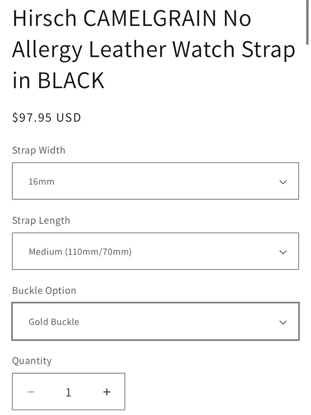 NOS Hypoallergenic Hirsch Camelgrain 16mm Black Leather Watch Band NWT